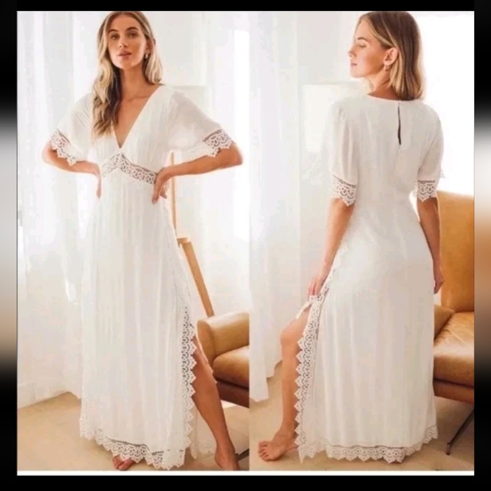 Lulu's White Lace-Trim Maxi Dress